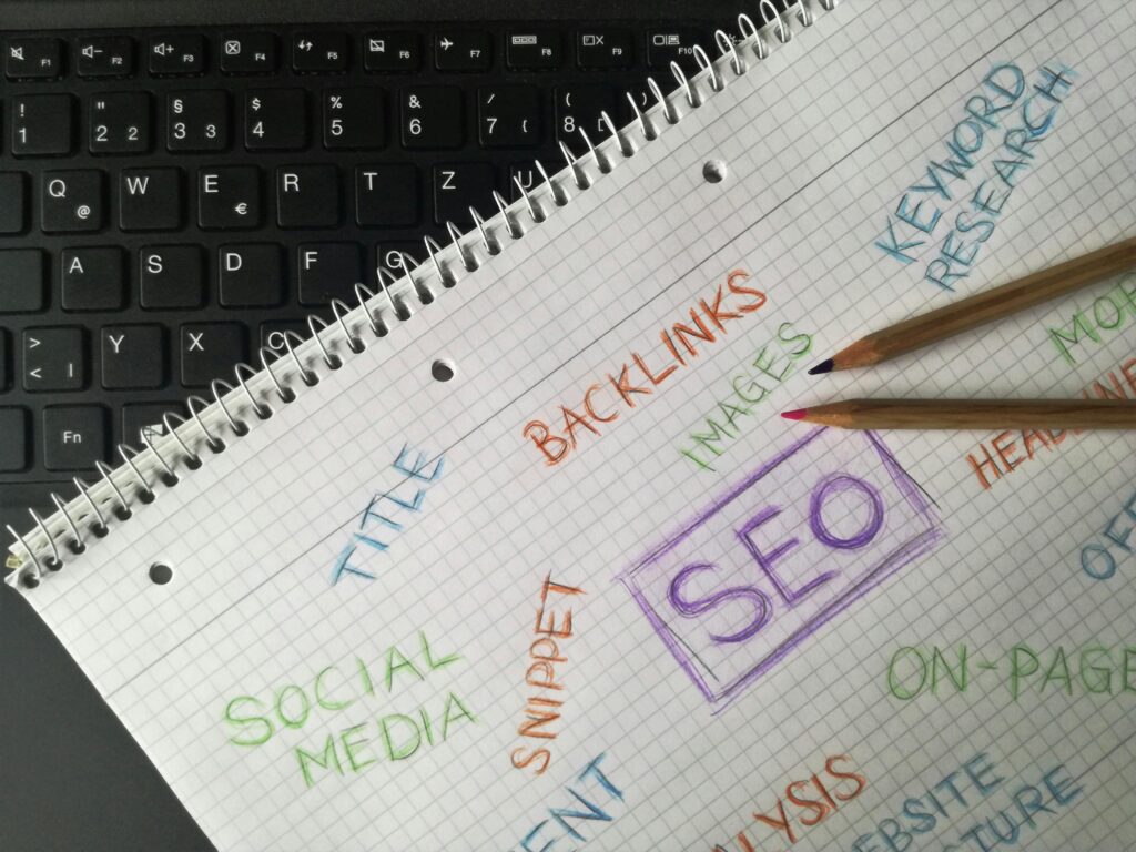 "SEO" written on a piece of paper, surrounded by related topics.