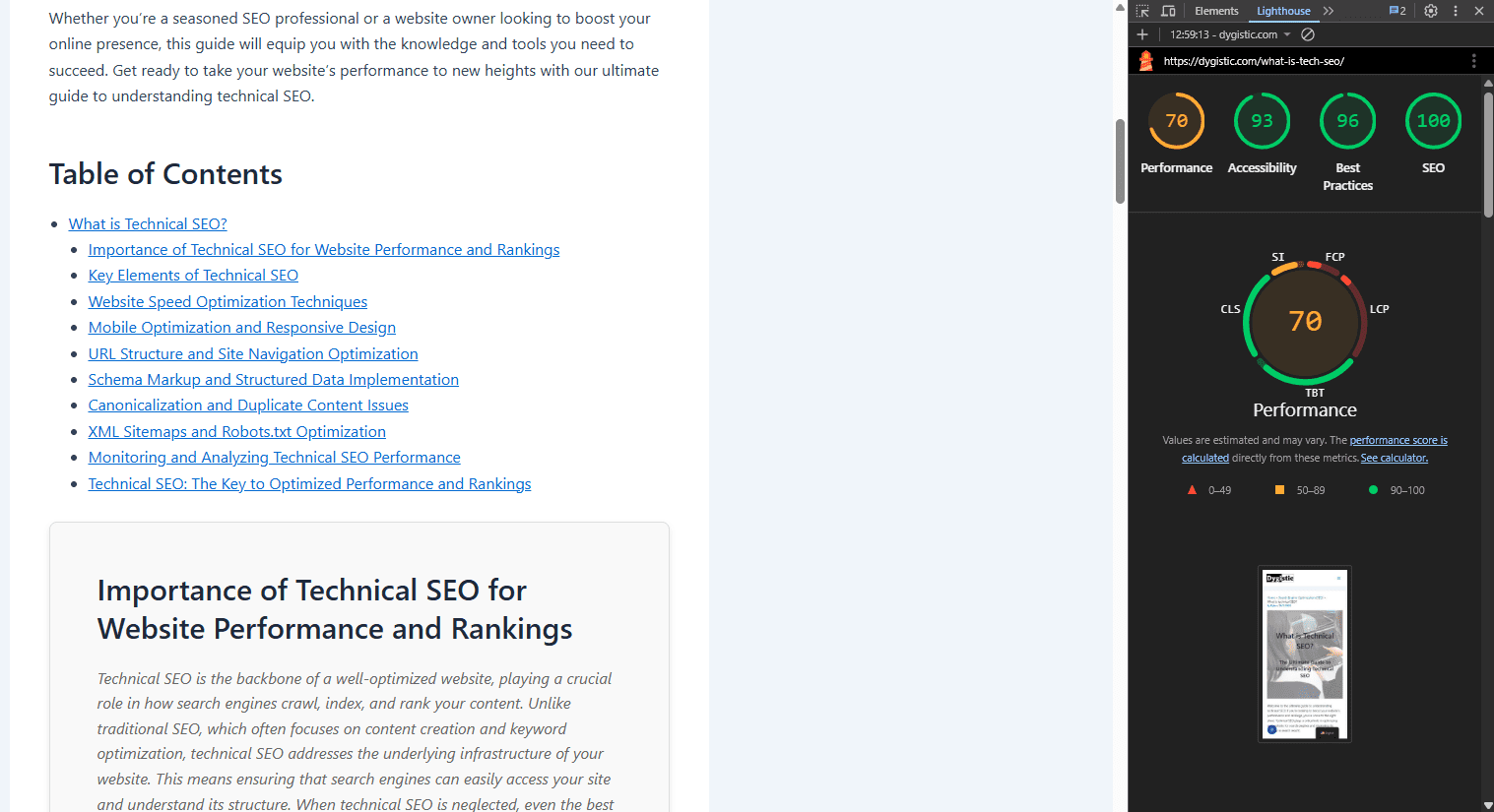 screenshot of Google's lighthouse tool in the Google chrome browser